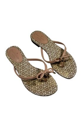 Kate Spade New York Bow Flip Flop Sandals Beige Logo Print Flats Womens 7M